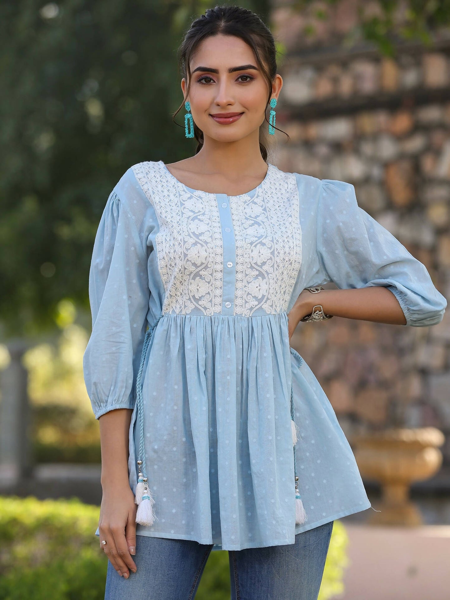 Juniper Women's Blue Cotton Dobby Solid With Embroidered Straight Tunic - Distacart