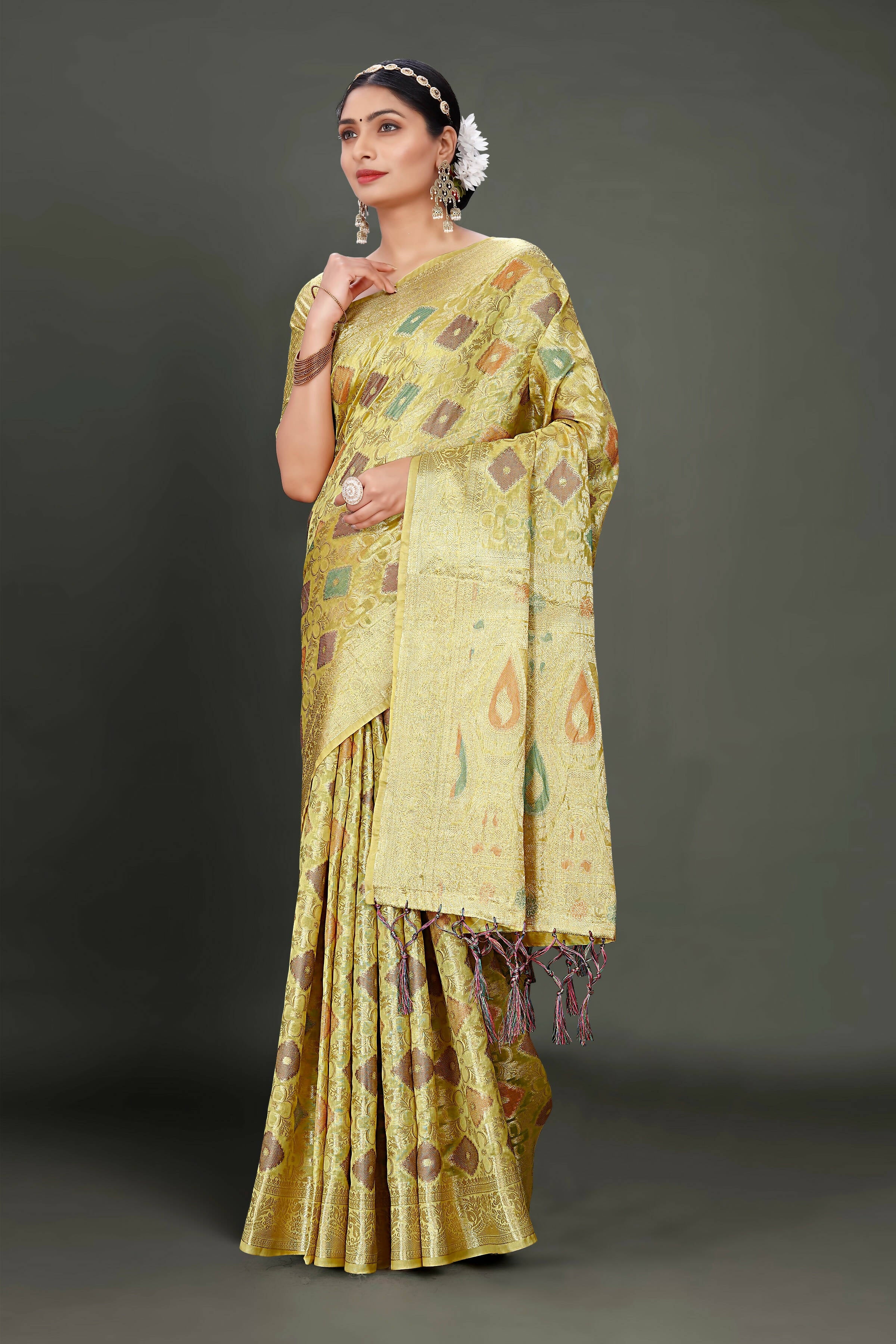 Olive Soft Organza Woven Design Saree With Unstitched Blouse Piece - Zaara - Distacart
