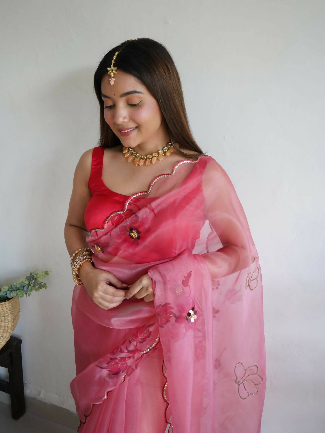 Vamsee Pink Organza Saree - Distacart