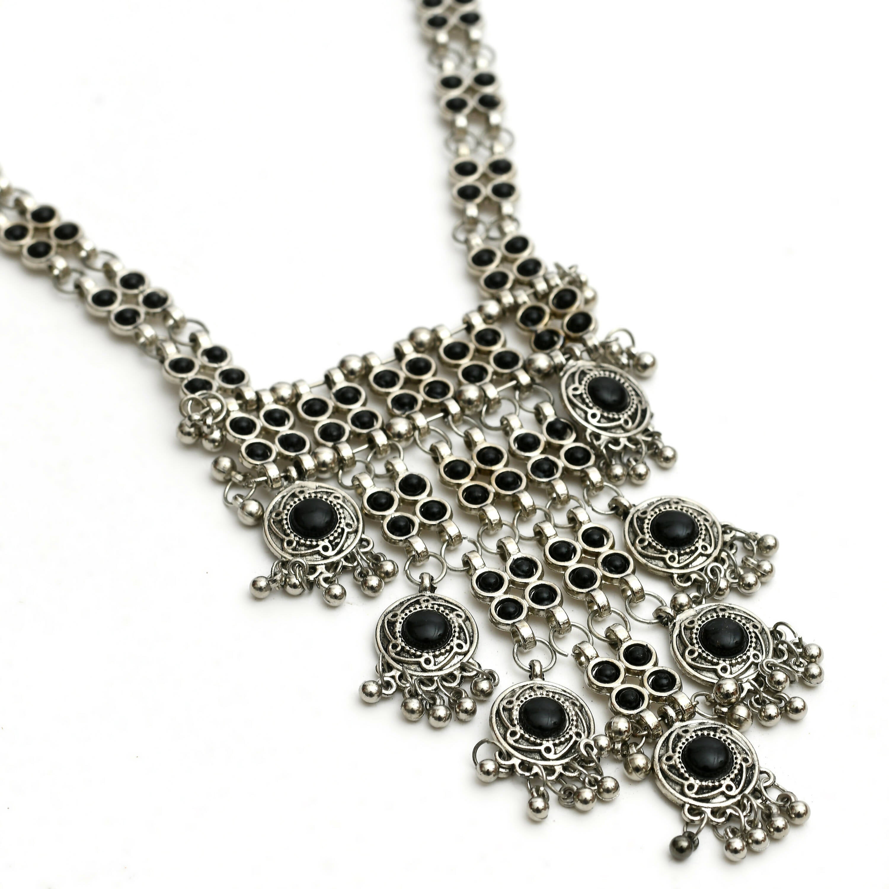 Mominos Fashion Johar Kamal Oxidised Silver-Plated Brass Finish Black Kundan Afghani Long Necklace For Women - Distacart