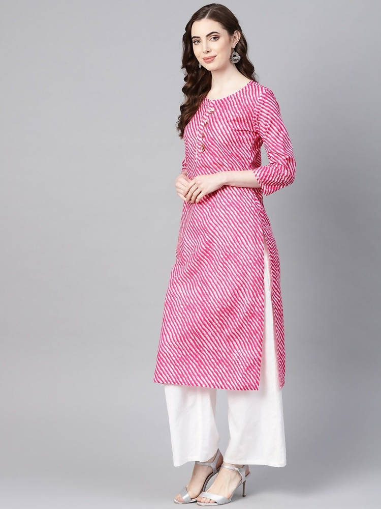 Yufta Women Pink & White Leheriya Print Straight Kurta