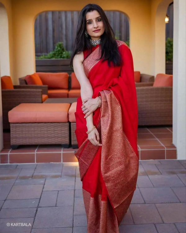 DEIANA'S Beautiful Golden Jari with New Design Soft Lichi Silk Saree - Red - Distacart