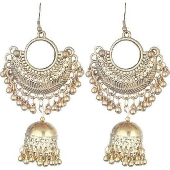 Gold Color Half Moon Style Hanging Jhumkas With Mirror Earrings
