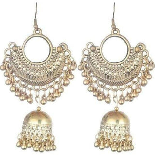 Gold Color Half Moon Style Hanging Jhumkas With Mirror Earrings