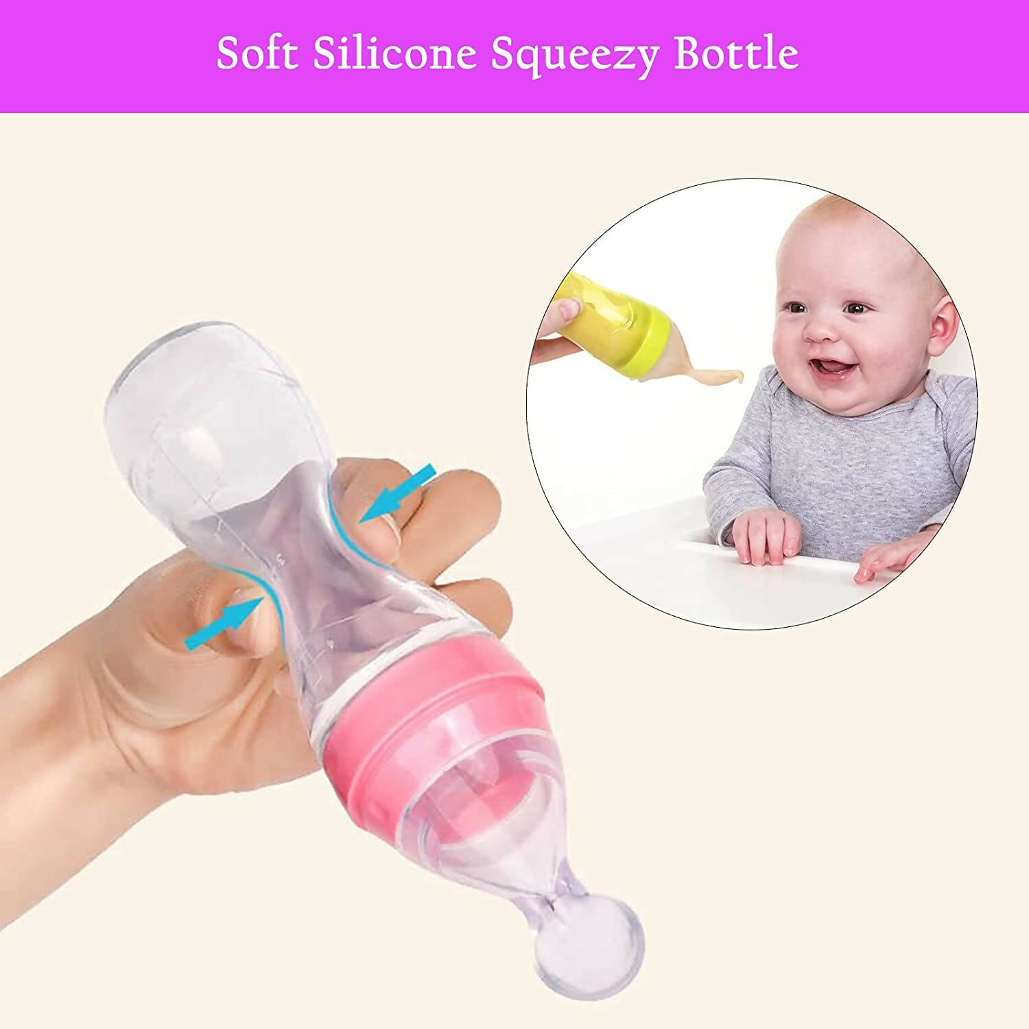 Safe-O-Kid Easy Squeezy Silicone Food Feeder Spoon (Soft Tip) Bottle- Pink- 90mL - Distacart
