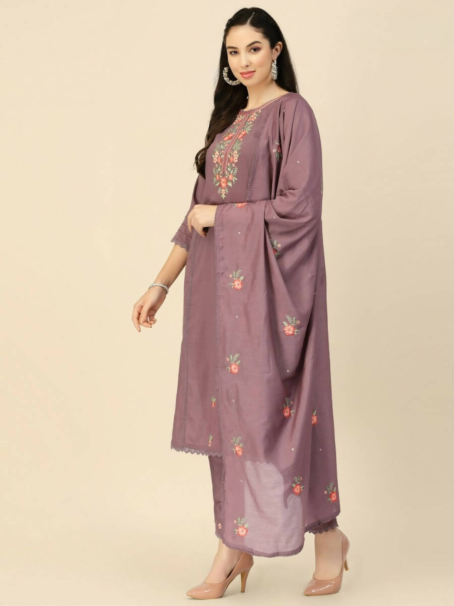 Purple Embroidered Chinon Straight Kurta With Trouser & Dupatta - Salimar - Distacart