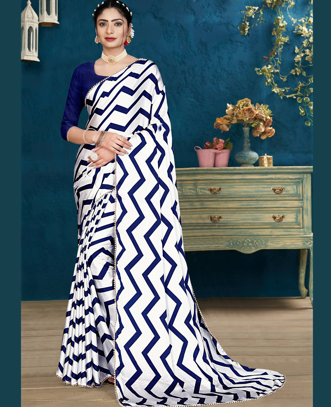 Blue Japan Satin Stripe Printed Saree With Unstitched Blouse Piece - Laavanya - Distacart