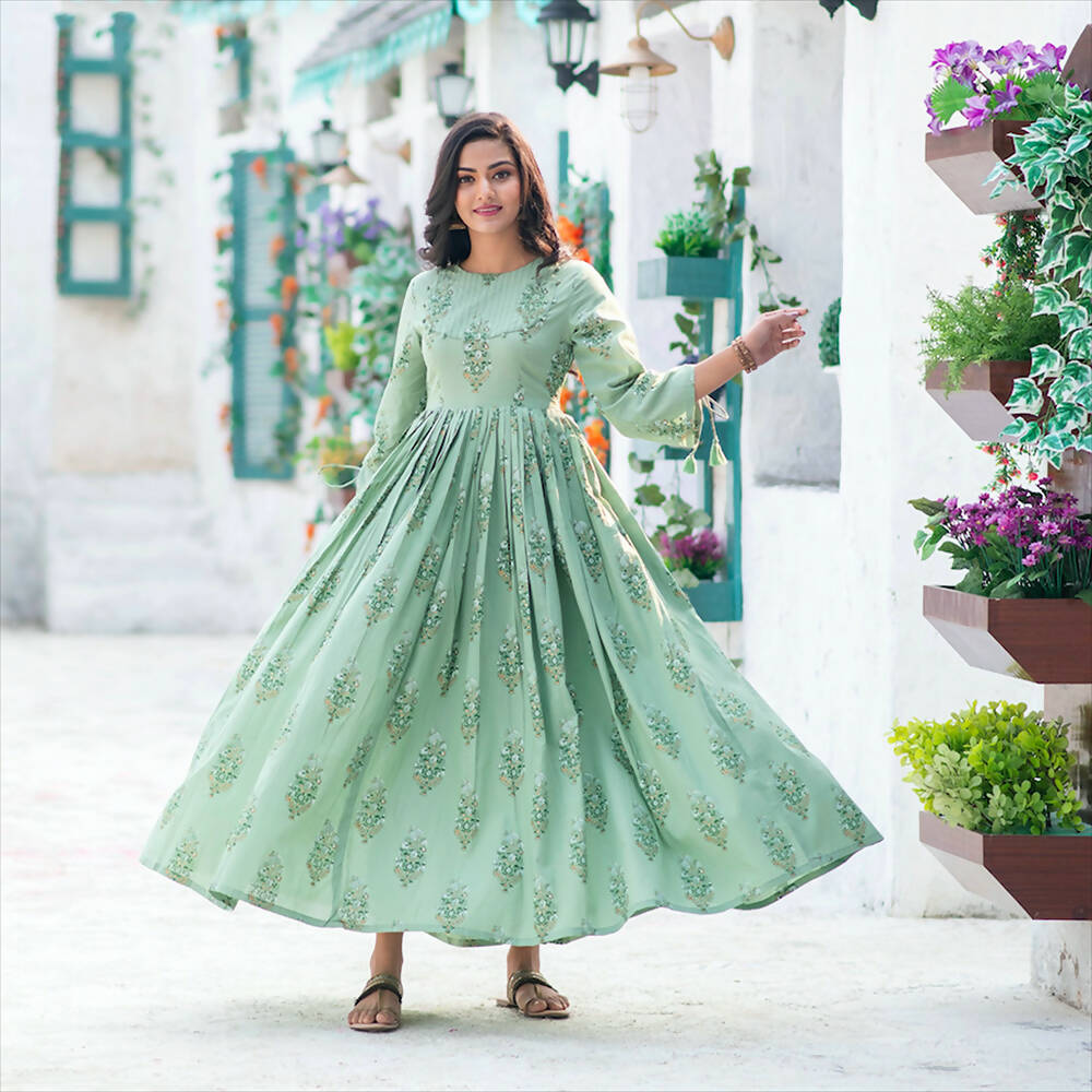 Partywear Designer Digital Printed Moss Green Pure Maslin Gown - Anbazaar - Distacart
