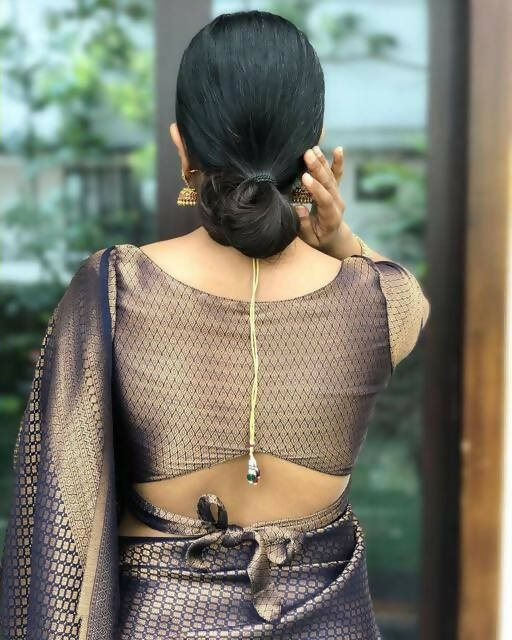 DEIANA'S Beautiful Golden Jari with New Design Soft Lichi Silk Saree - Navy Blue - Distacart