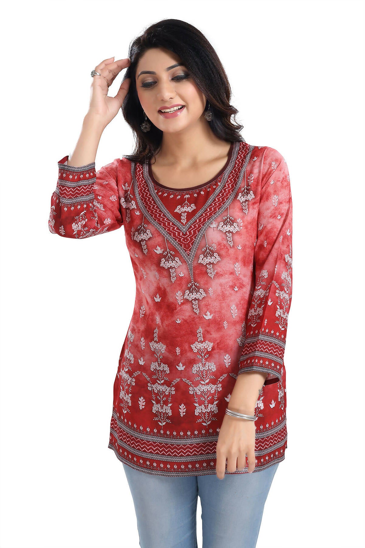 Snehal Creations Rustic Rust Faux Crepe Printed Short Kurti Tunic Top - Distacart