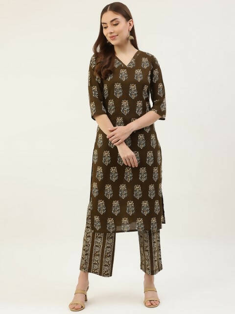 FIORRA Women's Mahendi Green Cotton Straight Kurta Set - Distacart