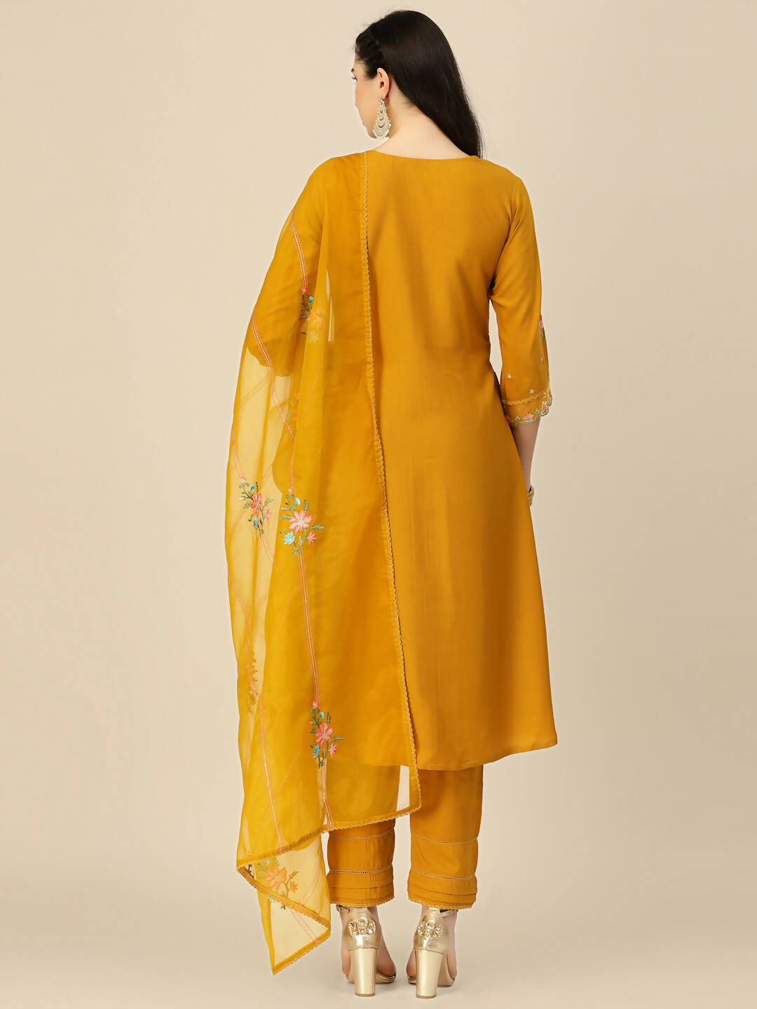 Mustard Embroidered Chinon Straight Kurta With Trouser & Dupatta - Salimar - Distacart