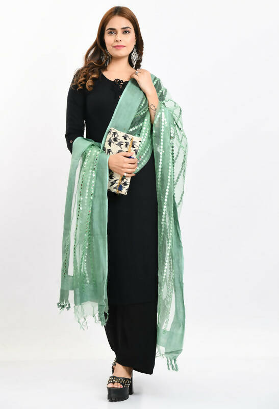 Mominos Fashion Moeza Women's Orgenza Mirror Stripe Thread Work Pista Green Dupatta - Distacart