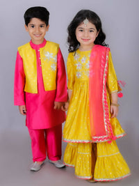 Thumbnail for Lil Drama Ethnic Boys Pink Kurta with Pant and Jacket set - Distacart