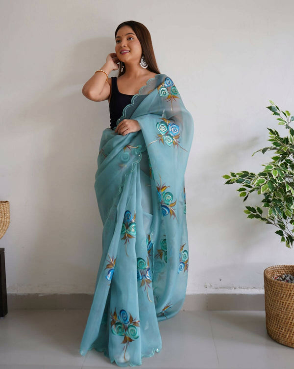 Vastrasky Sky Blue Organza Saree - Distacart