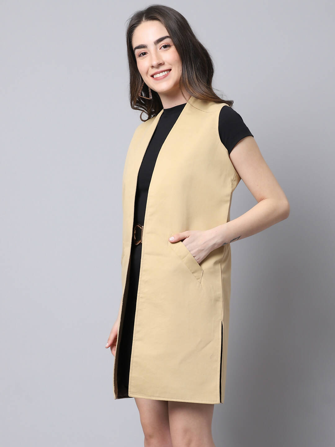 Even Apparels Brown Polywool Open Front Women's Long Coat PW724 - Distacart