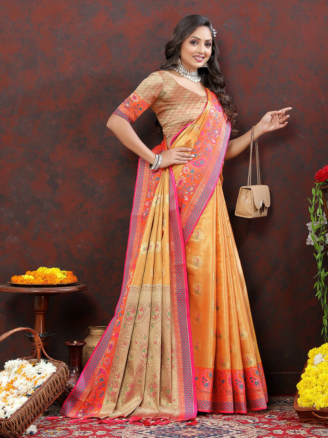 Lorenvalley Fashion Orange Kanjivaram Silk Woven Design with Zari Weaving Saree - Distacart