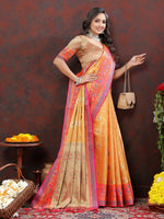 Thumbnail for Lorenvalley Fashion Orange Kanjivaram Silk Woven Design with Zari Weaving Saree - Distacart
