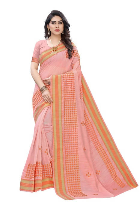 Vamika Embroidery Peach Chanderi Saree (MINI CHECKS PEACH)