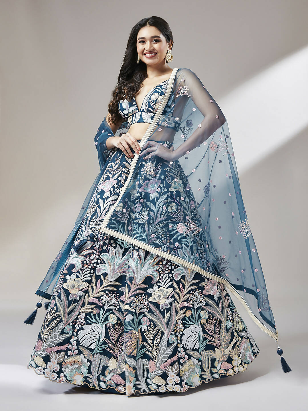 House of Panchhi Navy blue Net Sequinse Work Lehenga & Blouse with Dupatta - Distacart