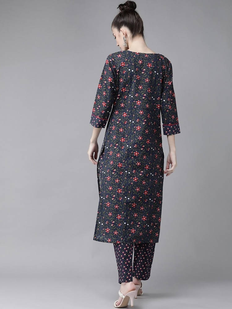 Yufta Women Navy Blue & Pink Ethnic Motifs Printed Pure Cotton Kurta with Trouser