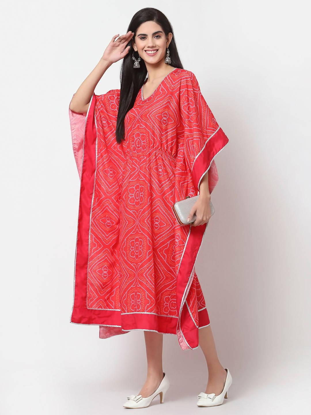 Myshka Pink Cotton Printed 3/4 Sleeve V Neck Casual Kaftan