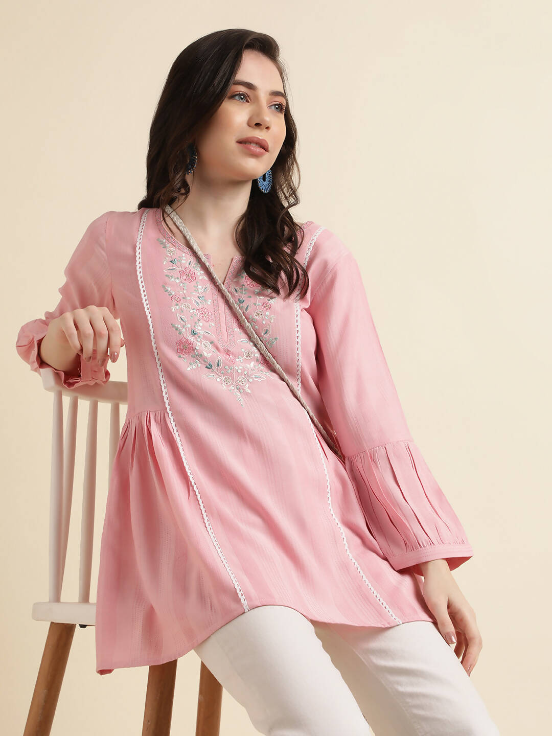 Pink Viscose Rayon Yoke Embroidered A-line Top - Tarini - Distacart