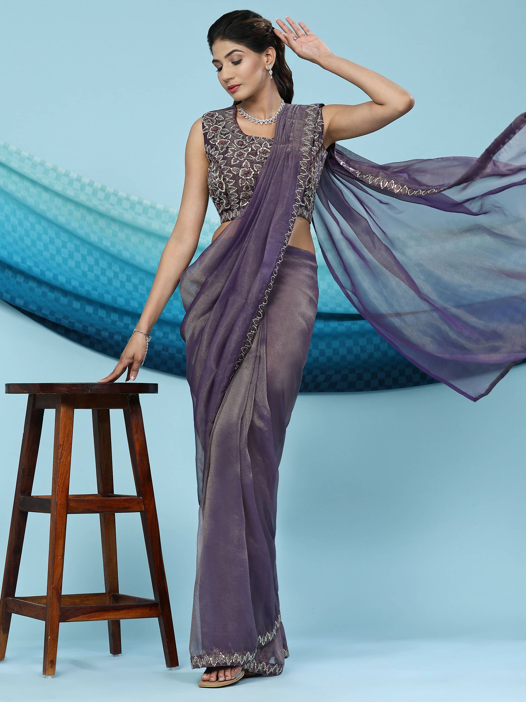 Purple Lycra Shimmer Pattern Ready to Wear Saree with stitched Blouse - Nirvana - Distacart