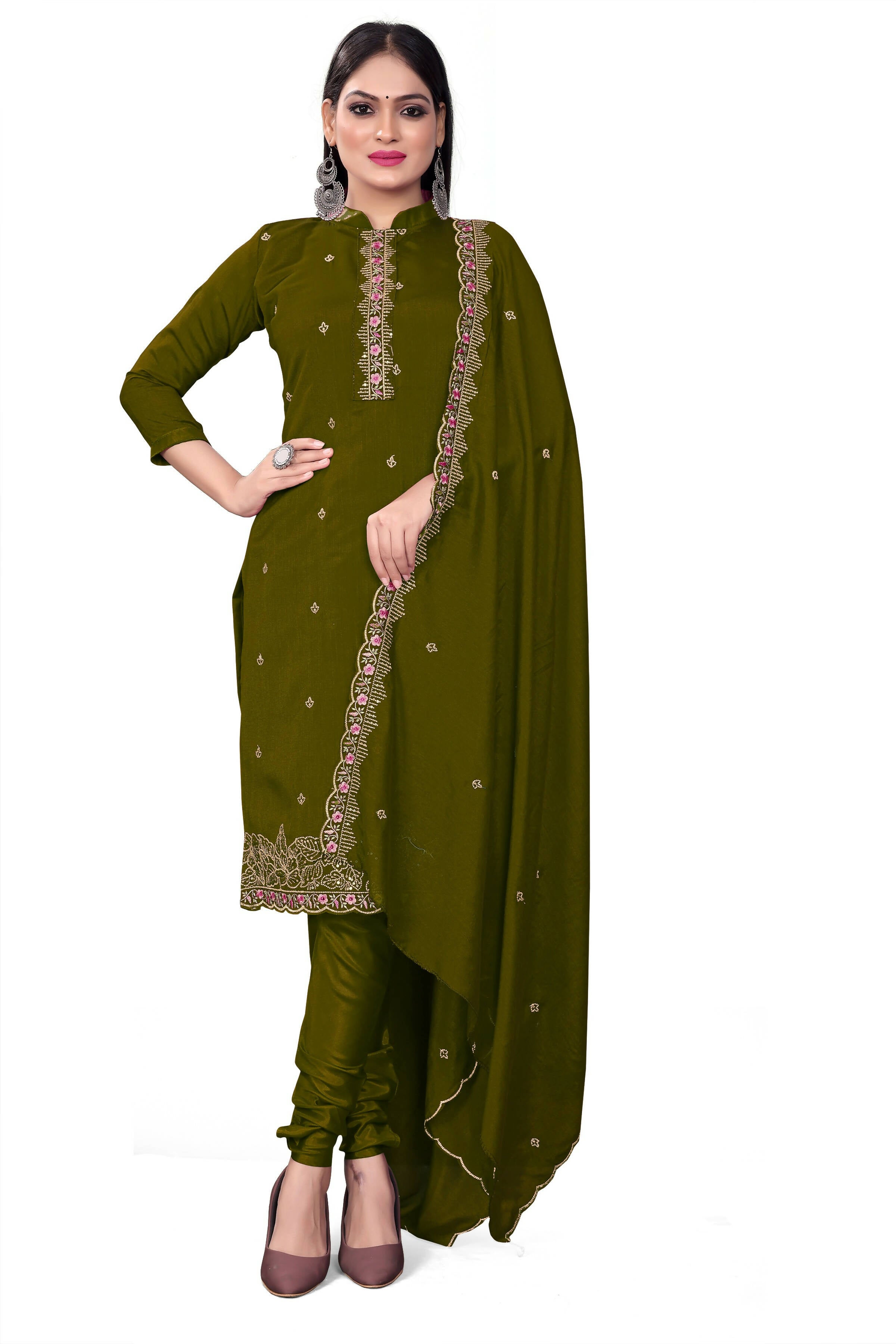 Green Silk Embroidered with Sequins work Unstitched Dress Material - Tanvi - Distacart