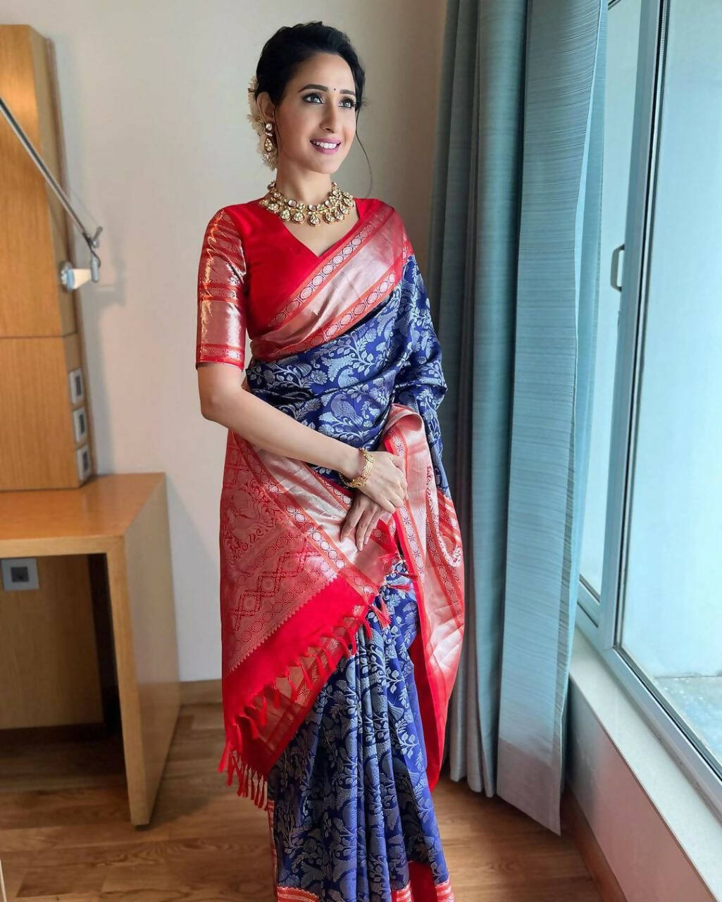 DEIANA'S Beautiful Golden Jari with New Design Soft Lichi Silk Saree - Blue - Distacart