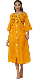 Thumbnail for PAVONINE Mustard Color Embroidery Work With Button Dress For Women - Distacart