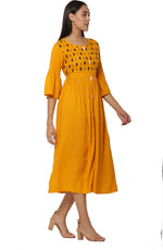 Thumbnail for PAVONINE Mustard Color Embroidery Work With Button Dress For Women - Distacart