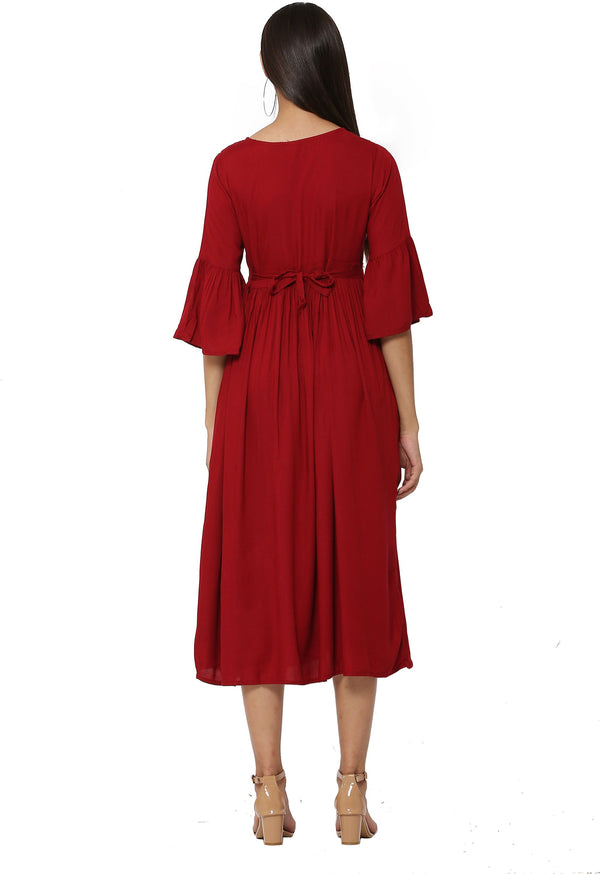 PAVONINE Wine Color Embroidery Work With Button Dress For Women - Distacart