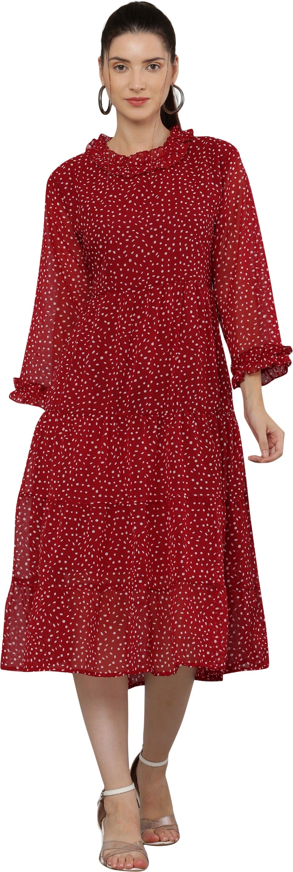 PAVONINE Micro Dots Frill-Neck Georgette Fabric Maroon Dress For Women - Distacart
