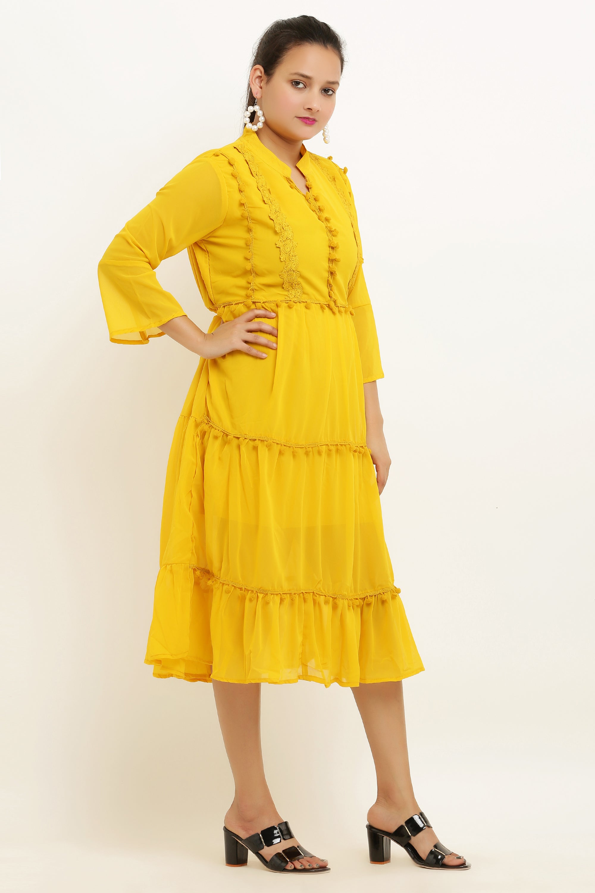 PAVONINE Pum Pum & Lace Inserted Mustard Color Dress For Girls & Women - Distacart