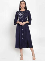 Thumbnail for PAVONINE Navy Blue Color Embroidery Work With Button Dress For Women - Distacart