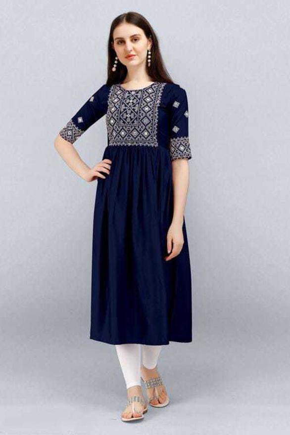 PAVONINE Navy Blue Color Burfi Design Embroidery Dress For Women - Distacart