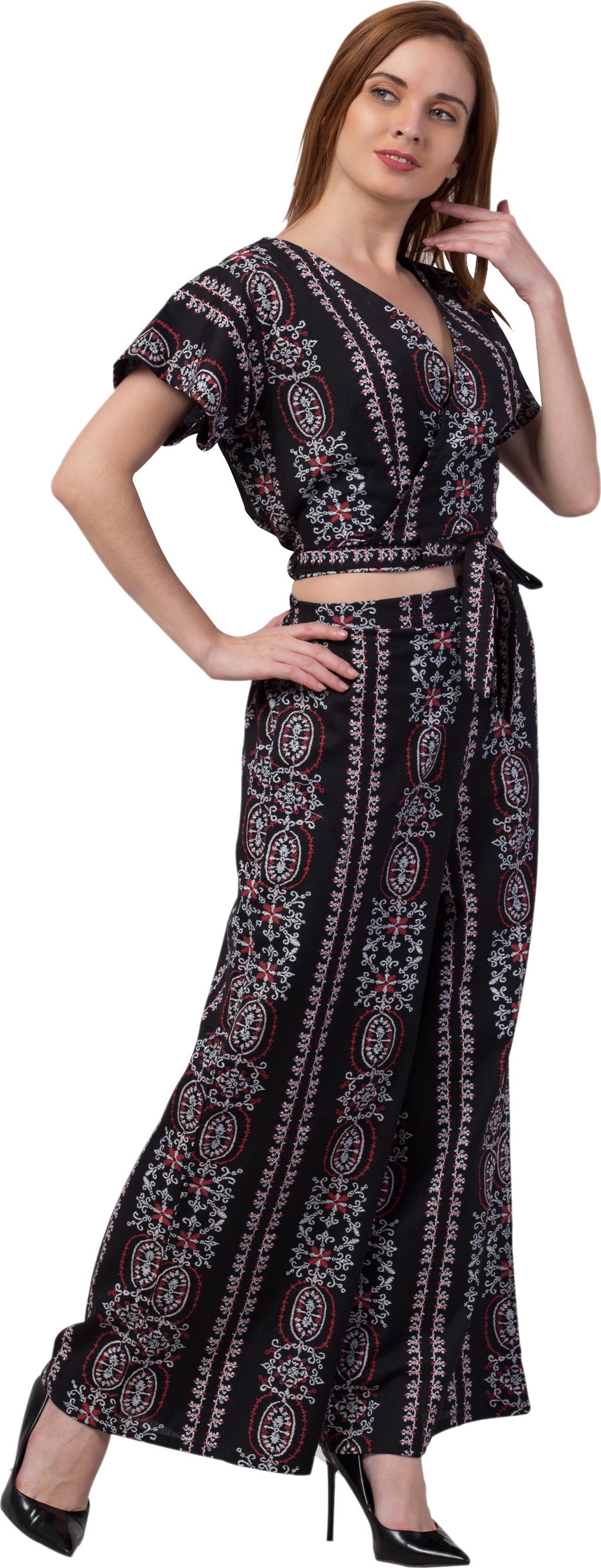 PAVONINE Black Color Printed Crop Top And Flared Palazzo Set For Girls & Women - Distacart