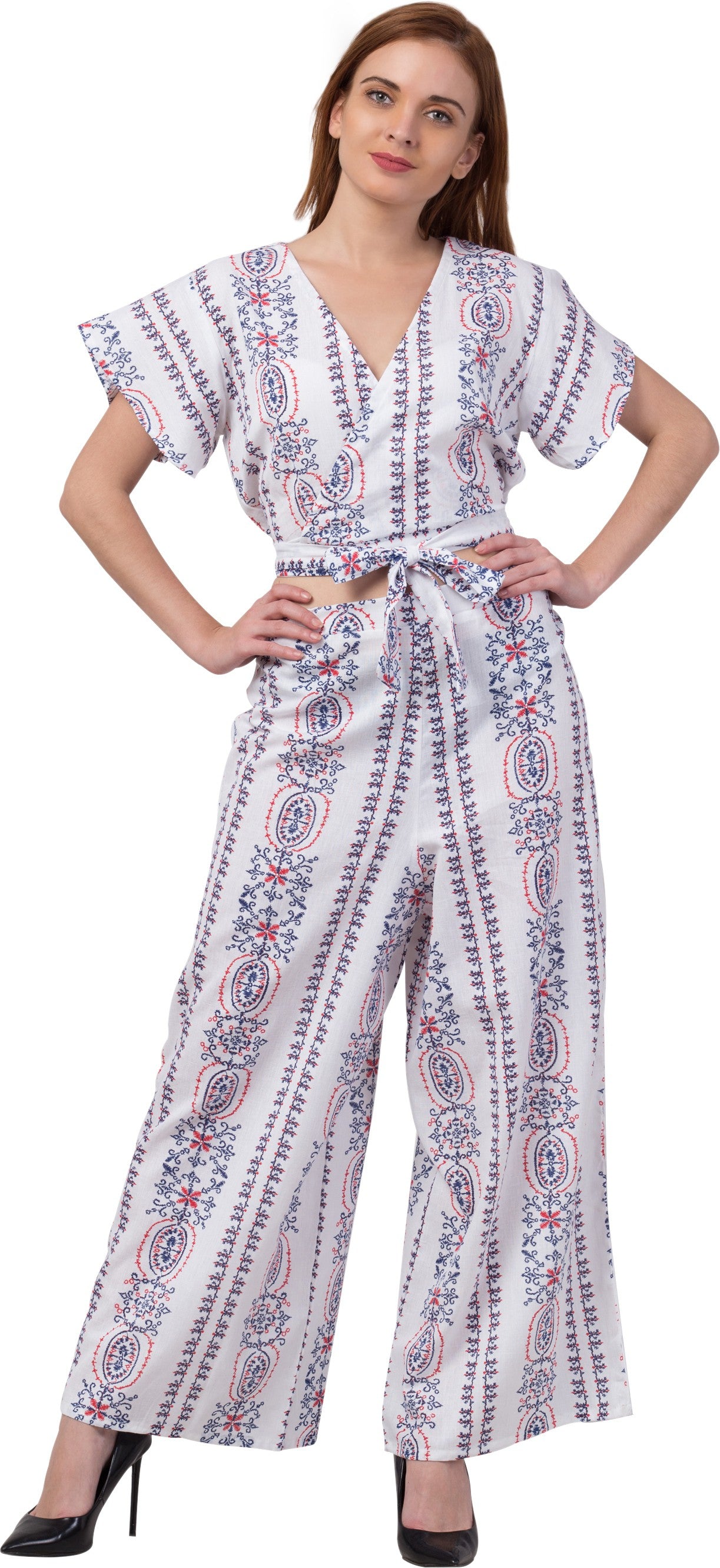 PAVONINE White Color Printed Crop Top And Flared Palazzo Set For Girls & Women - Distacart