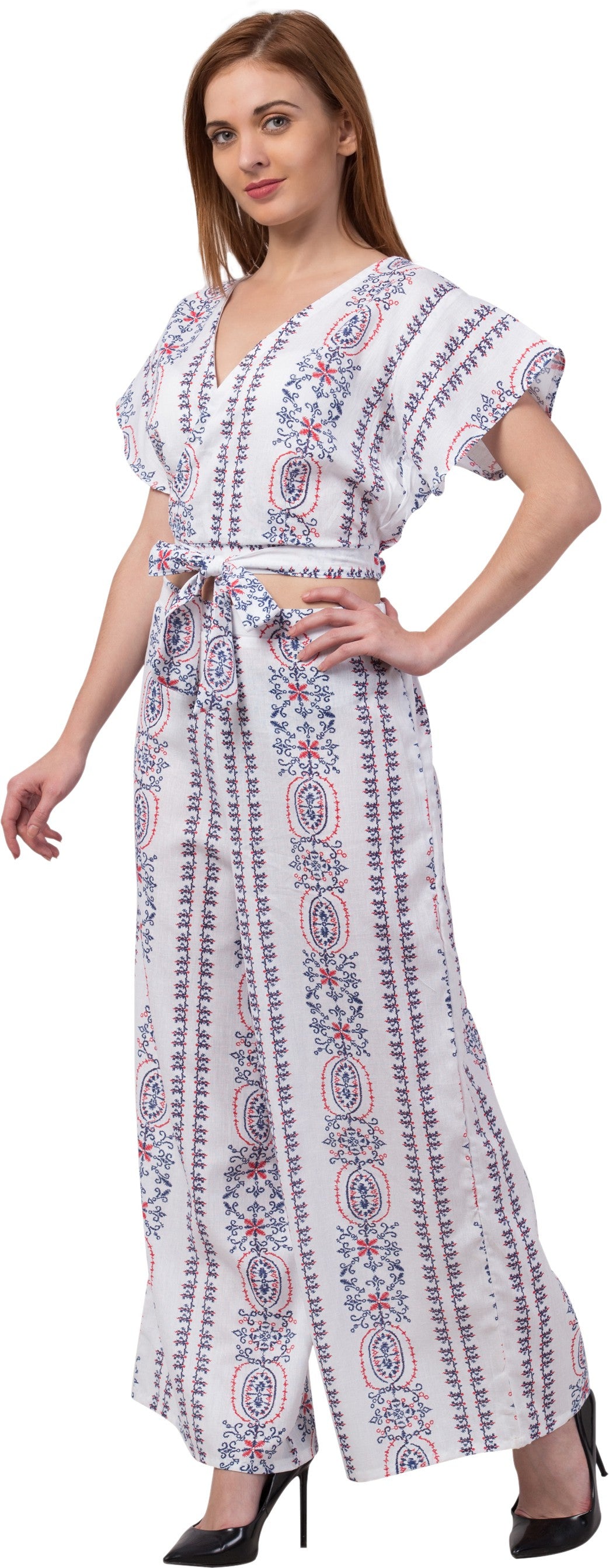PAVONINE White Color Printed Crop Top And Flared Palazzo Set For Girls & Women - Distacart
