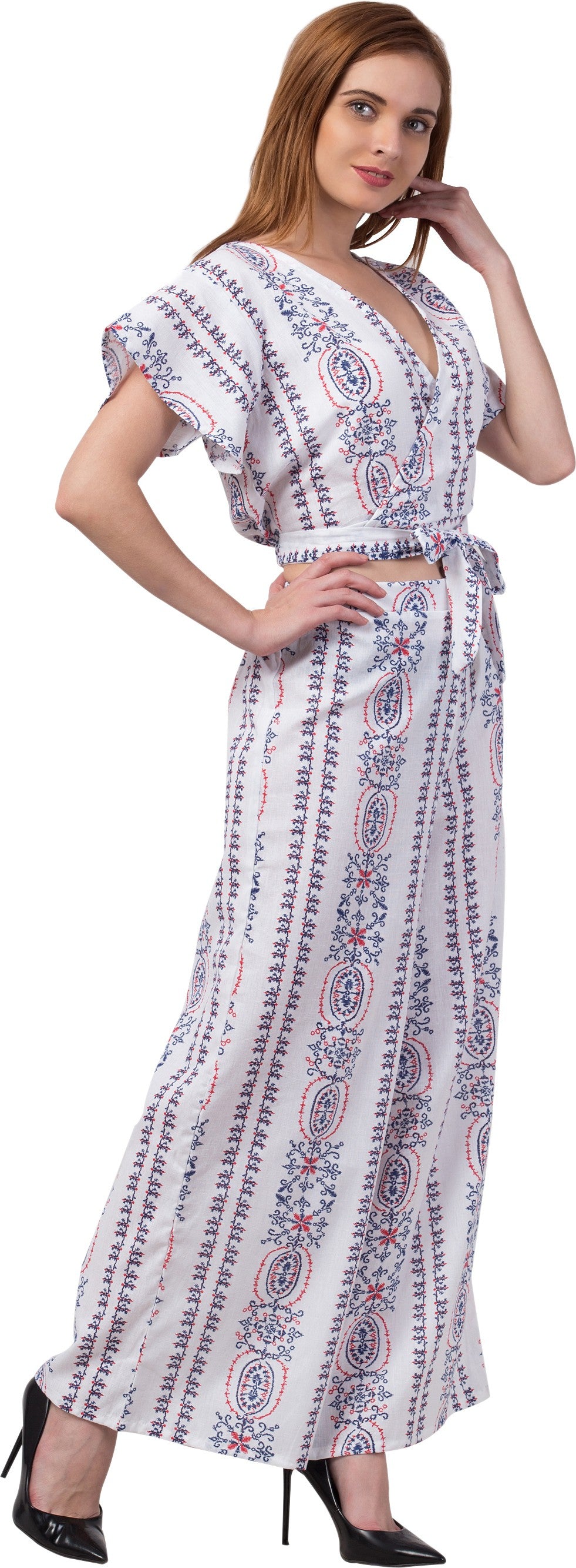 PAVONINE White Color Printed Crop Top And Flared Palazzo Set For Girls & Women - Distacart