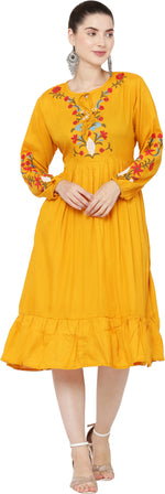 Thumbnail for PAVONINE Mustard Color Flower Embroidery Dress For Women - Distacart