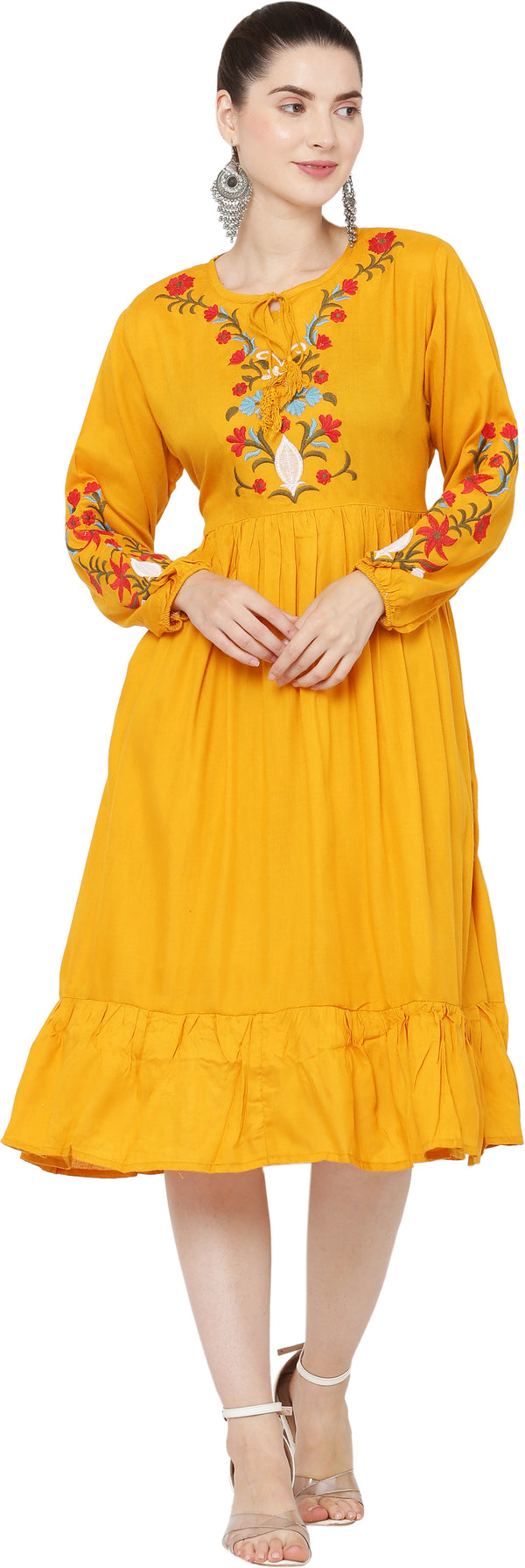 PAVONINE Mustard Color Flower Embroidery Dress For Women - Distacart