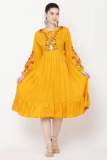 Thumbnail for PAVONINE Mustard Color Flower Embroidery Dress For Women - Distacart