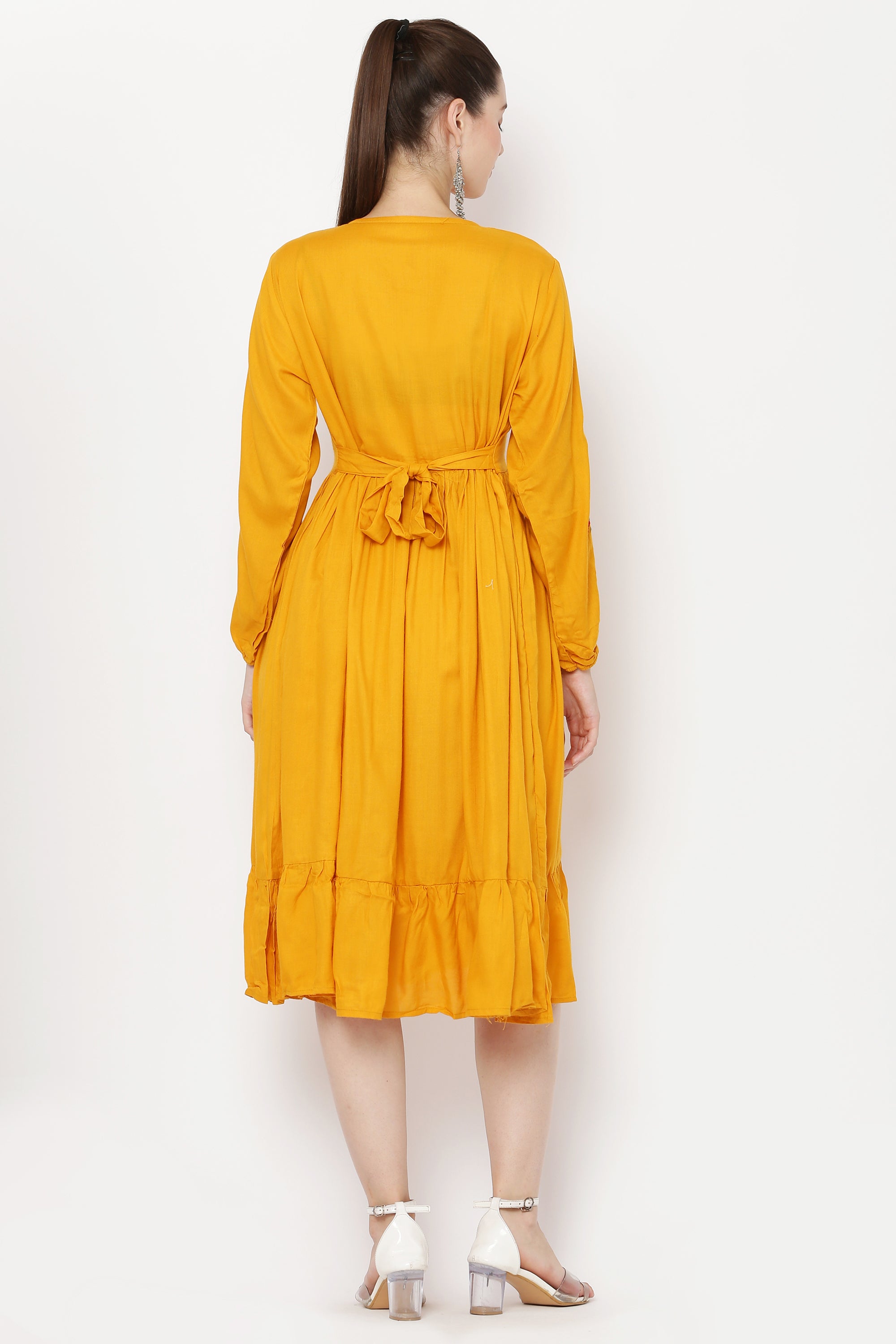 PAVONINE Mustard Color Flower Embroidery Dress For Women - Distacart