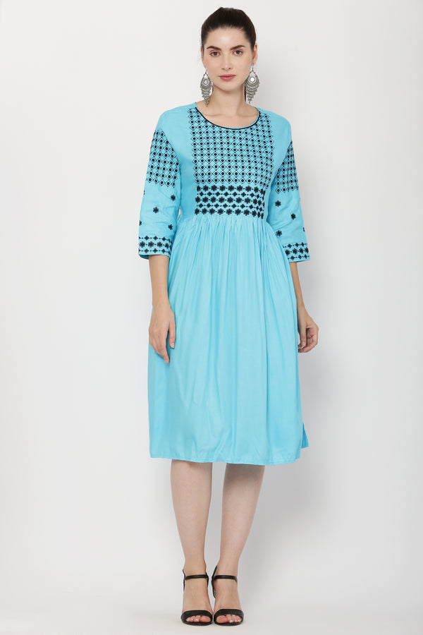 PAVONINE Firozi Color Polka Dots Embroidery Dress For Women - Distacart