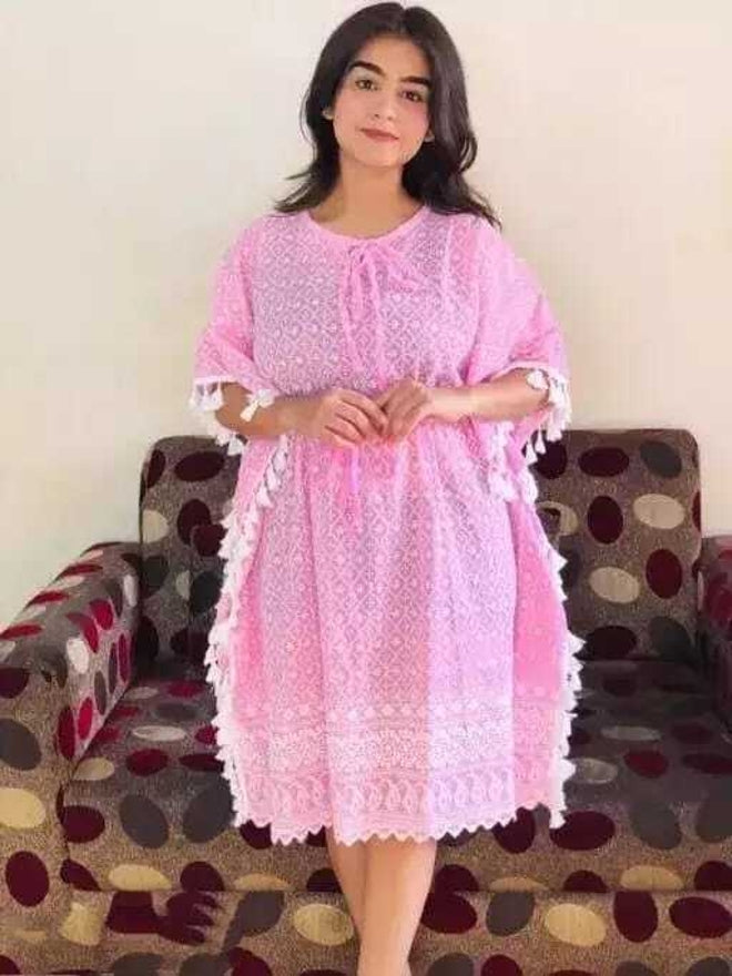 PAVONINE Pink Color Embroidery Kaftan Dress For Women - Distacart