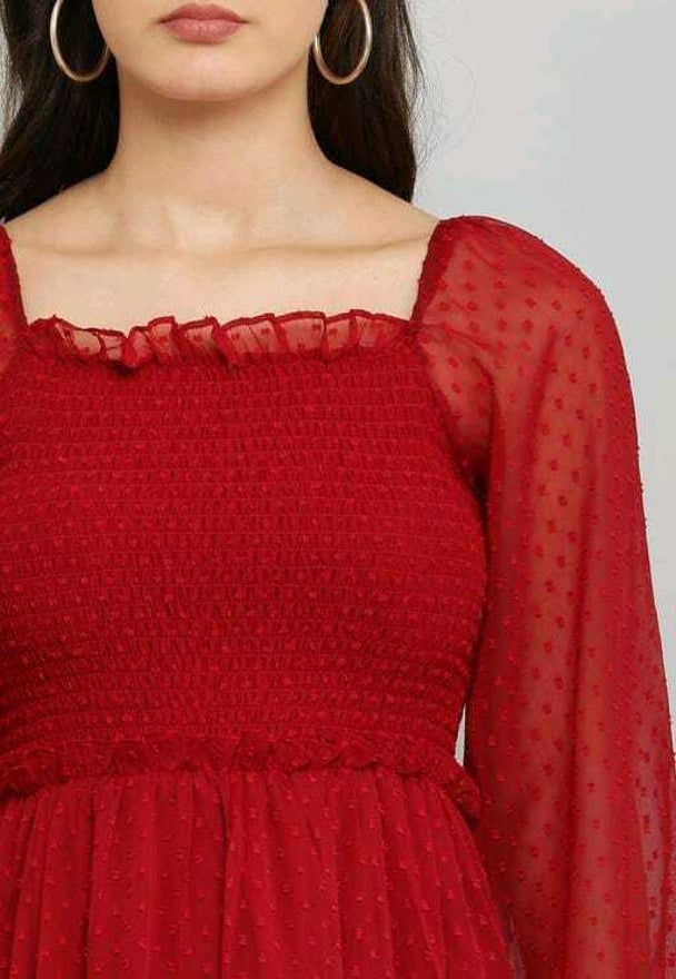 PAVONINE Buta-Design With Square-Neck Maroon Dress For Girls & Women - Distacart