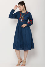Thumbnail for PAVONINE Navy Blue Color Flower Embroidery Dress For Women - Distacart