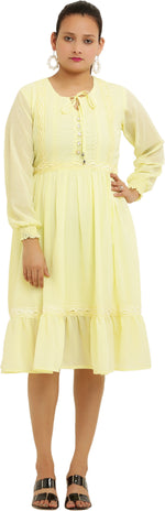 Thumbnail for PAVONINE Lemon Color Georgette Fabric Lace Inserts Midi For Girls - Distacart